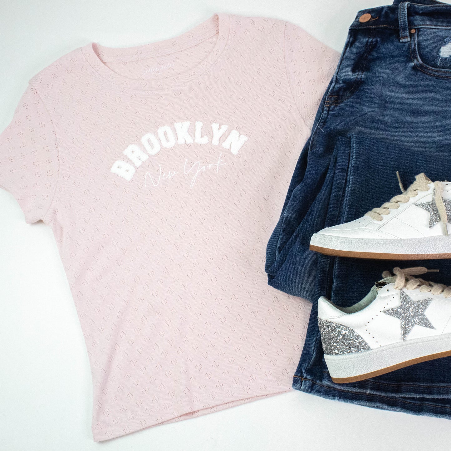  Brooklyn NY Heart Pointelle Baby Tee, Peach Blush