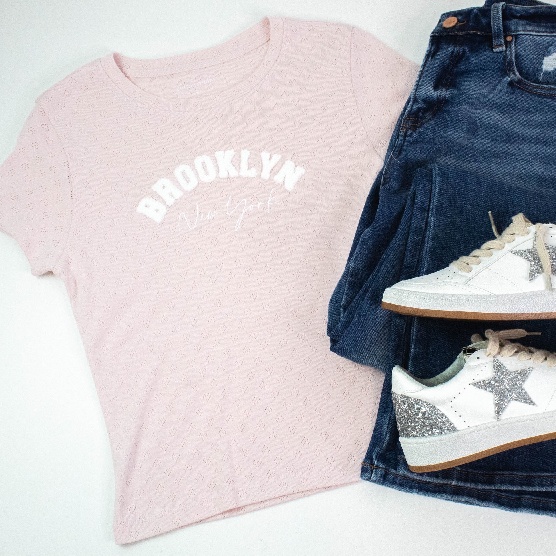  Brooklyn NY Heart Pointelle Baby Tee, Peach Blush