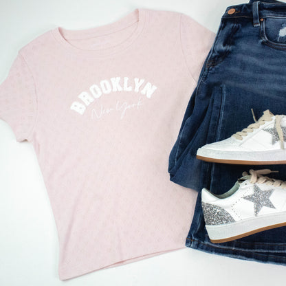  Brooklyn NY Heart Pointelle Baby Tee, Peach Blush