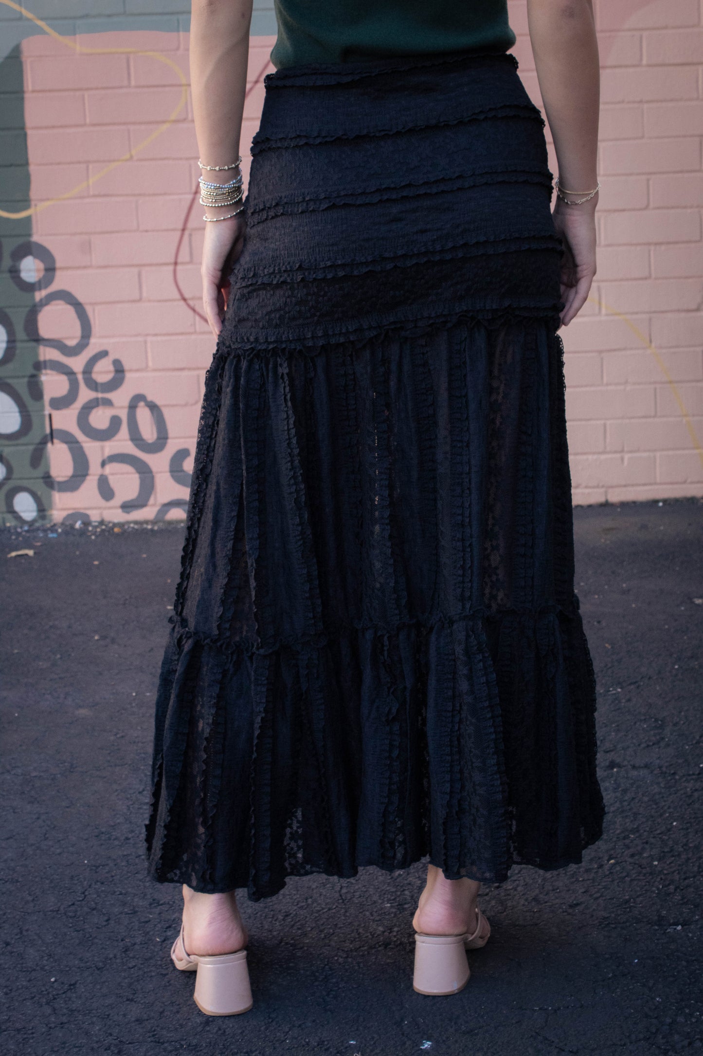  Olivia Lace Ruffle Detailed Maxi Skirt, Black