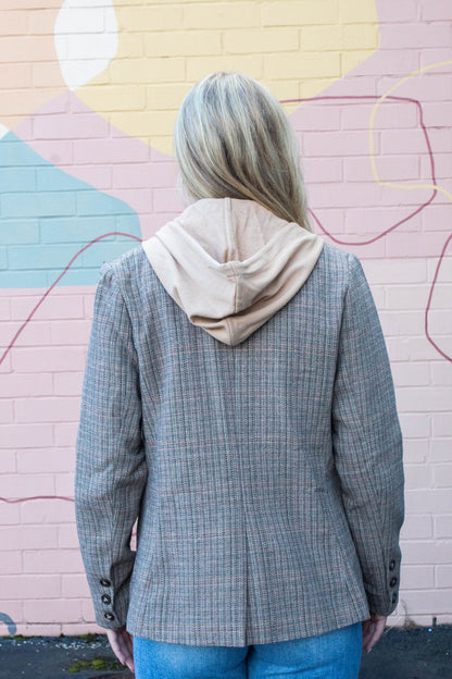  Jovie Herringbone Pattern Hooded Blazer, Tan Combo