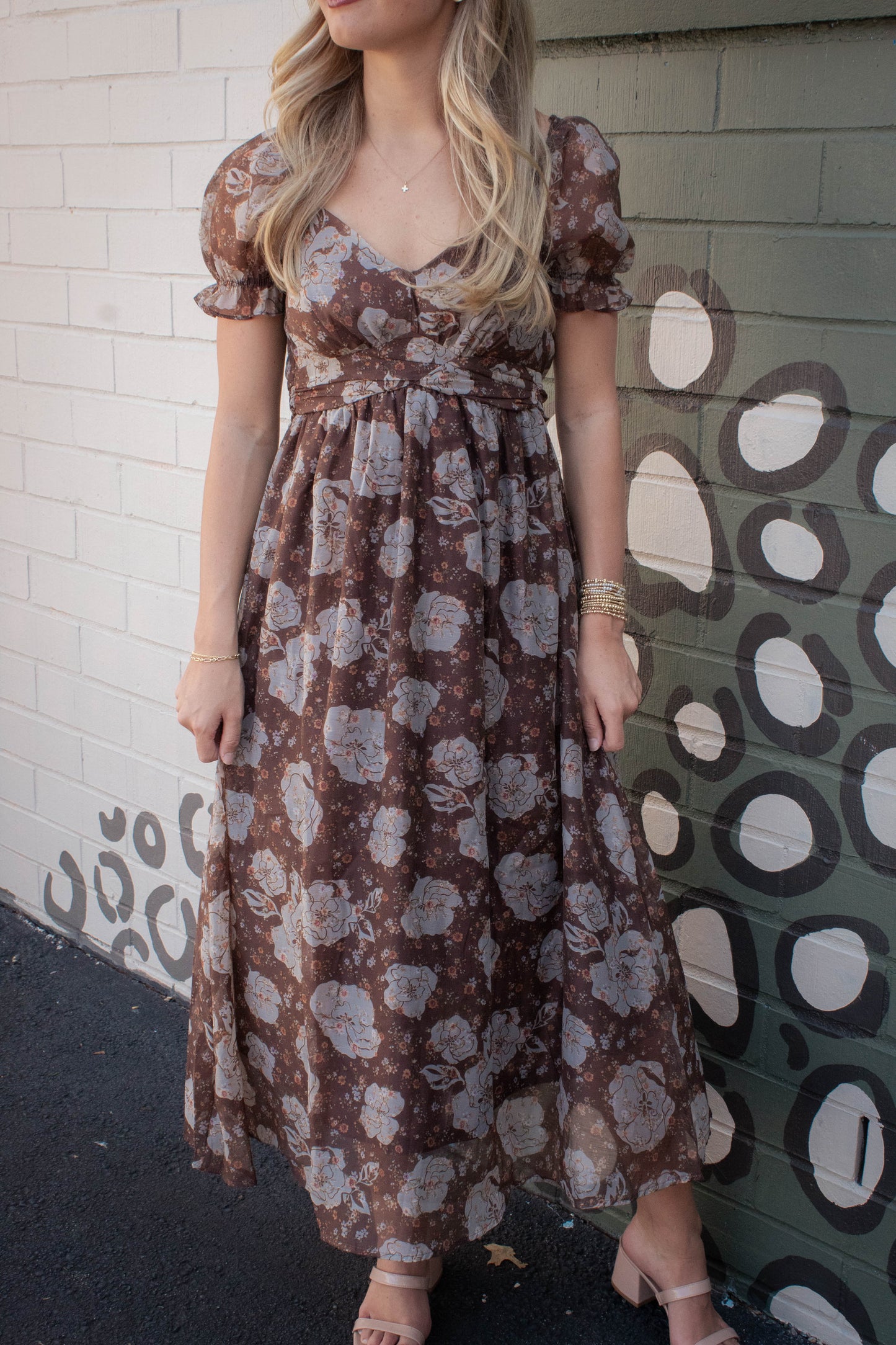  Joy Floral Sweetheart Midi Dress, Brown Multi
