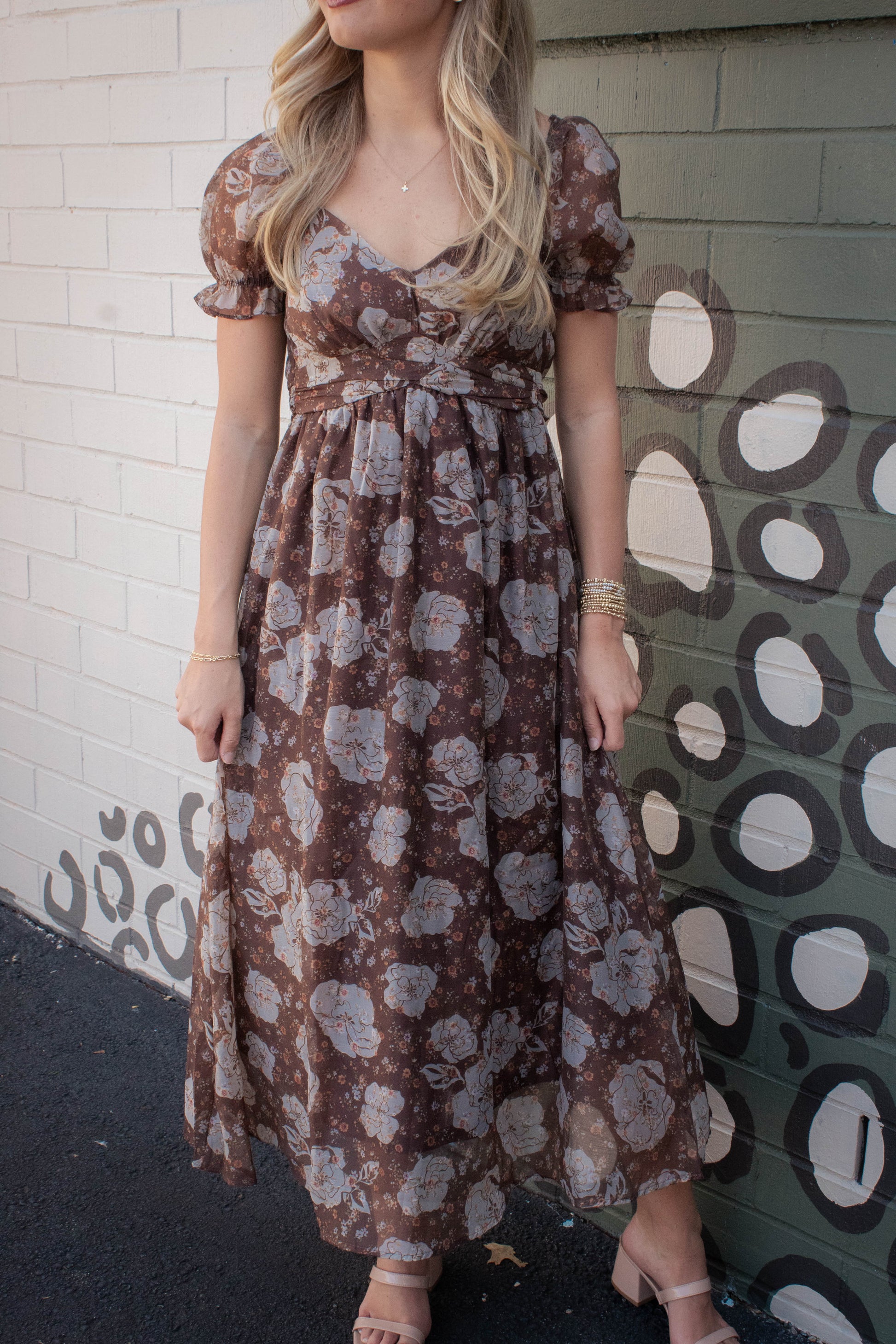  Joy Floral Sweetheart Midi Dress, Brown Multi