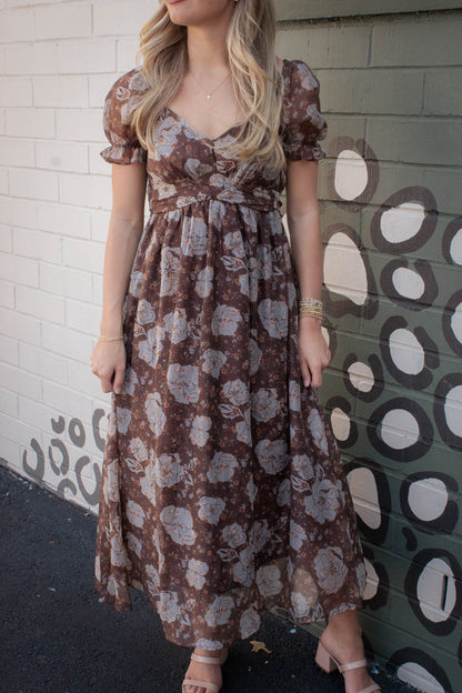  Joy Floral Sweetheart Midi Dress, Brown Multi