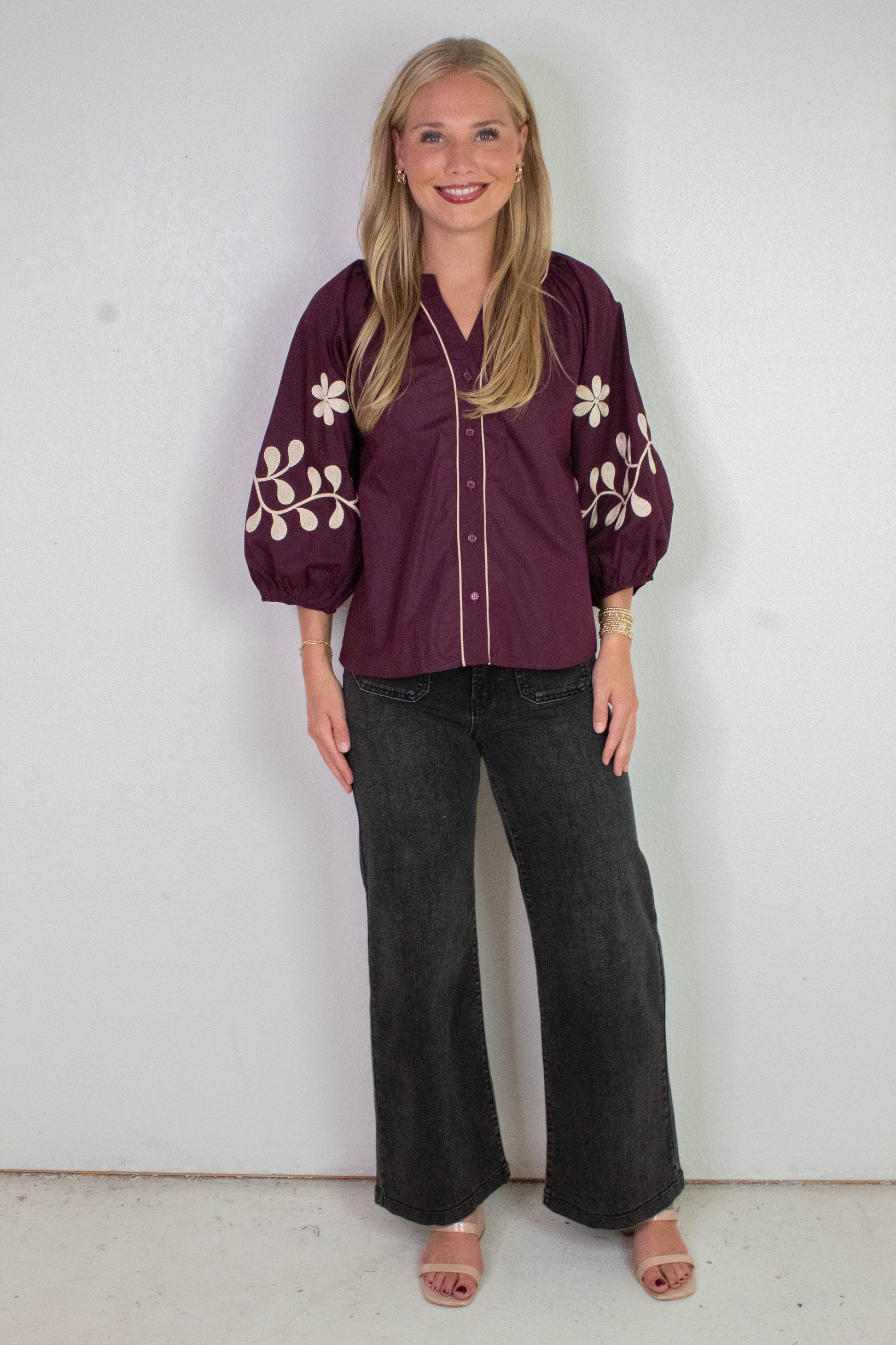  Amira Embroidered Sleeve Buttoned Blouse, Merlot