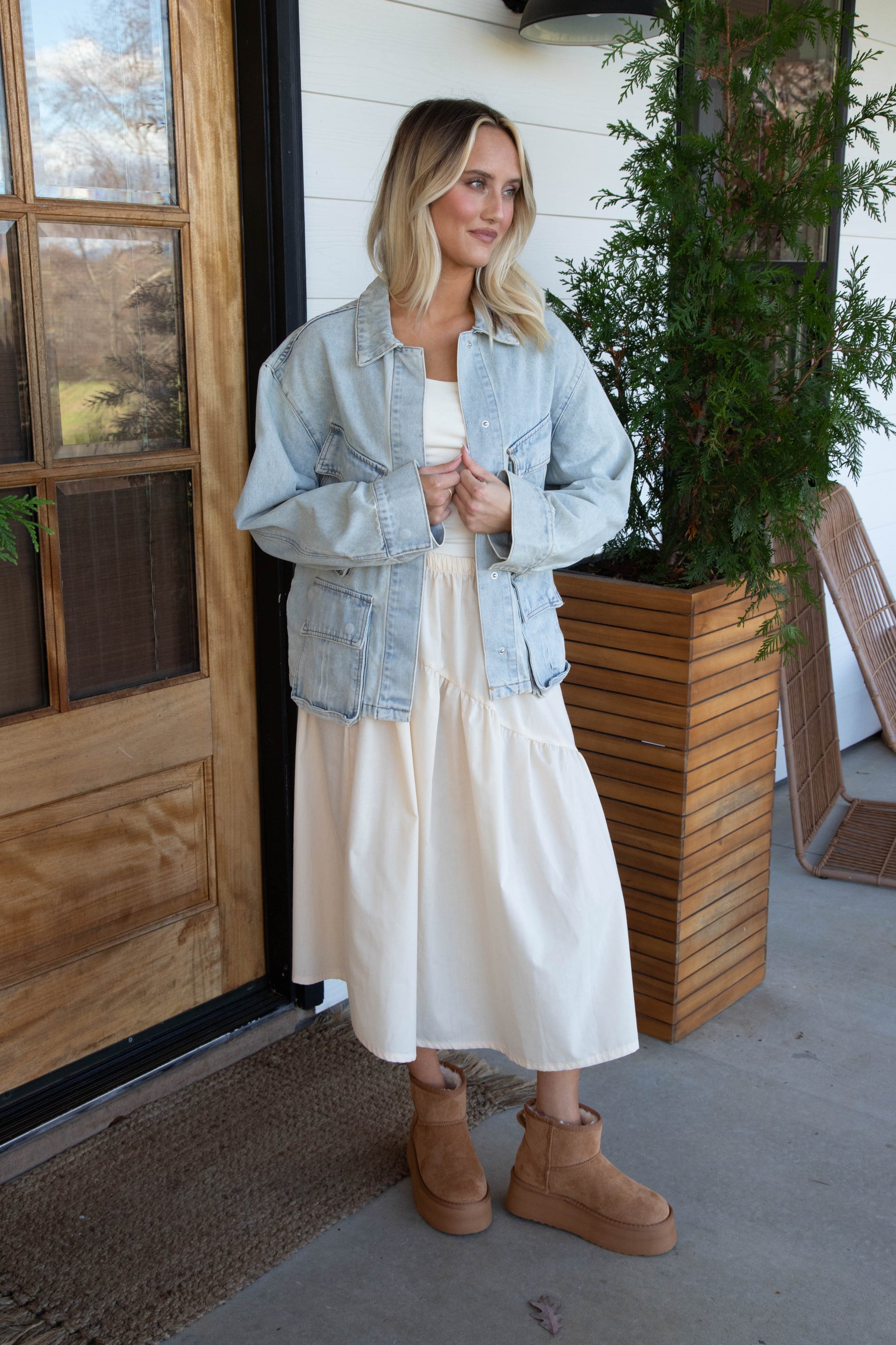  Emory Poplin Midi Skirt, Natural