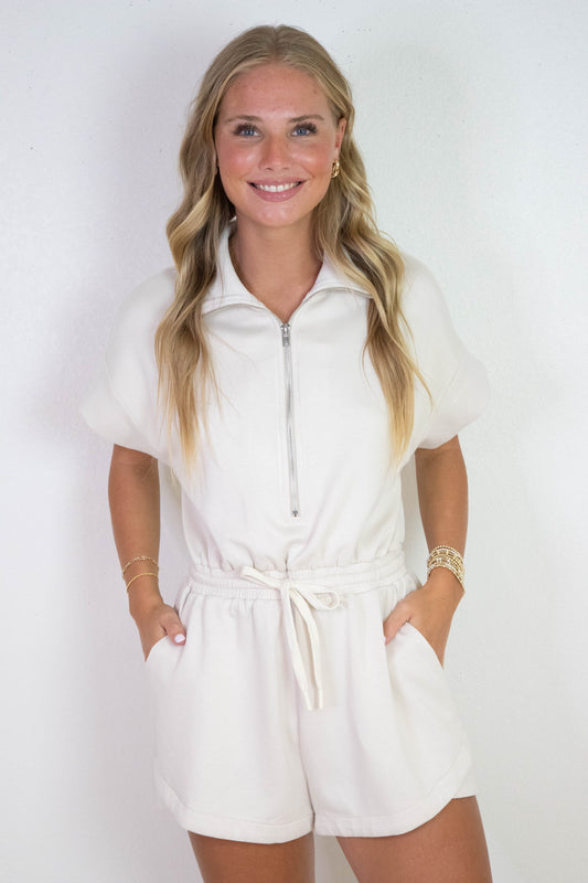  Kai Luxeknit Zip Up Romper, Ecru