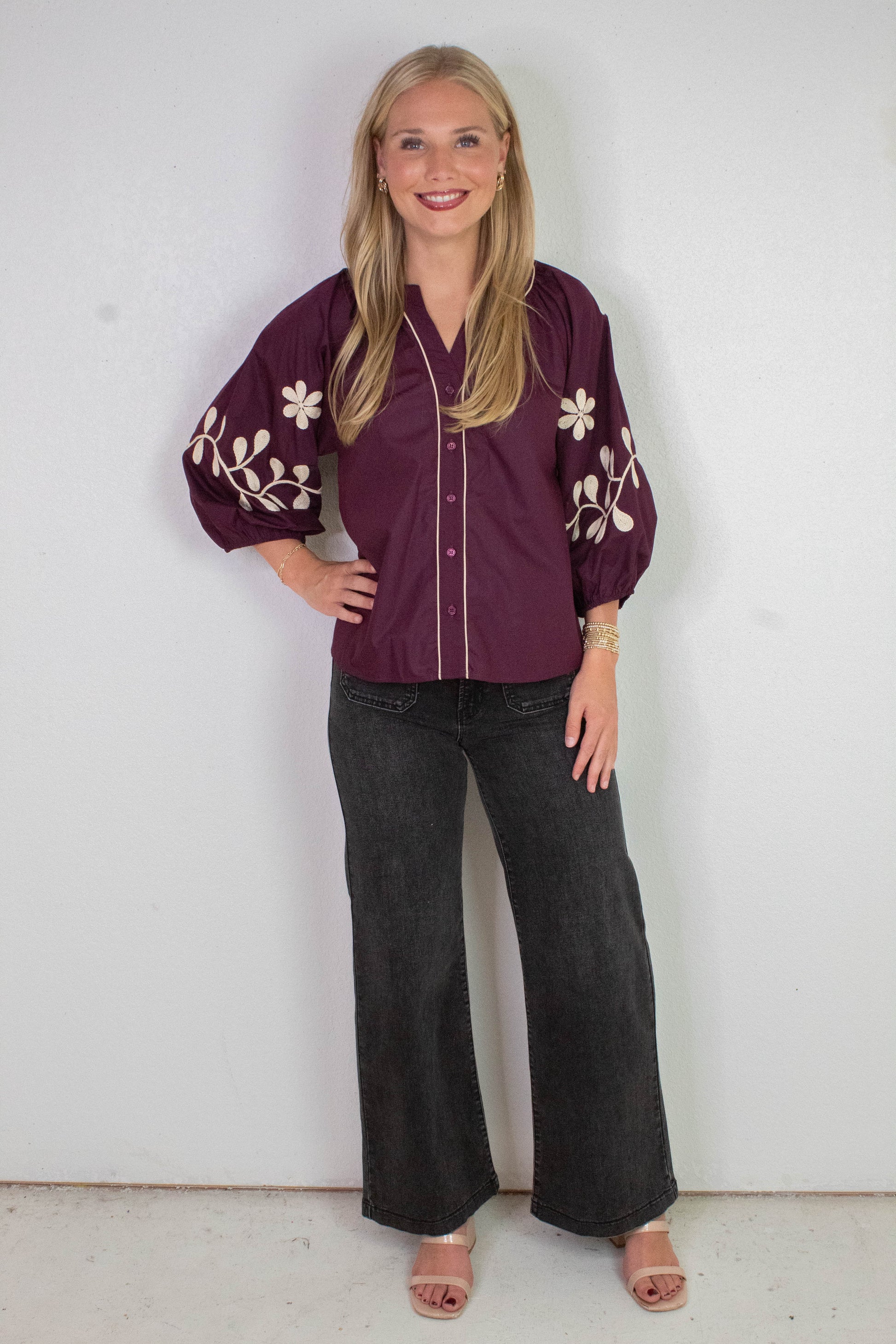  Amira Embroidered Sleeve Buttoned Blouse, Merlot