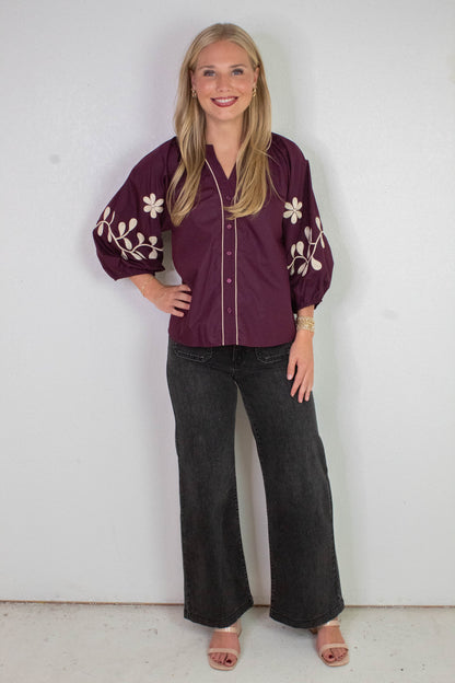  Amira Embroidered Sleeve Buttoned Blouse, Merlot