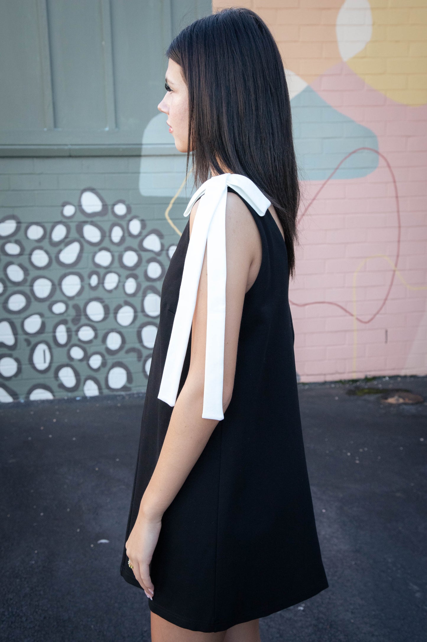 LENA Gracen Contrast Shoulder Bow Dress, Black/White