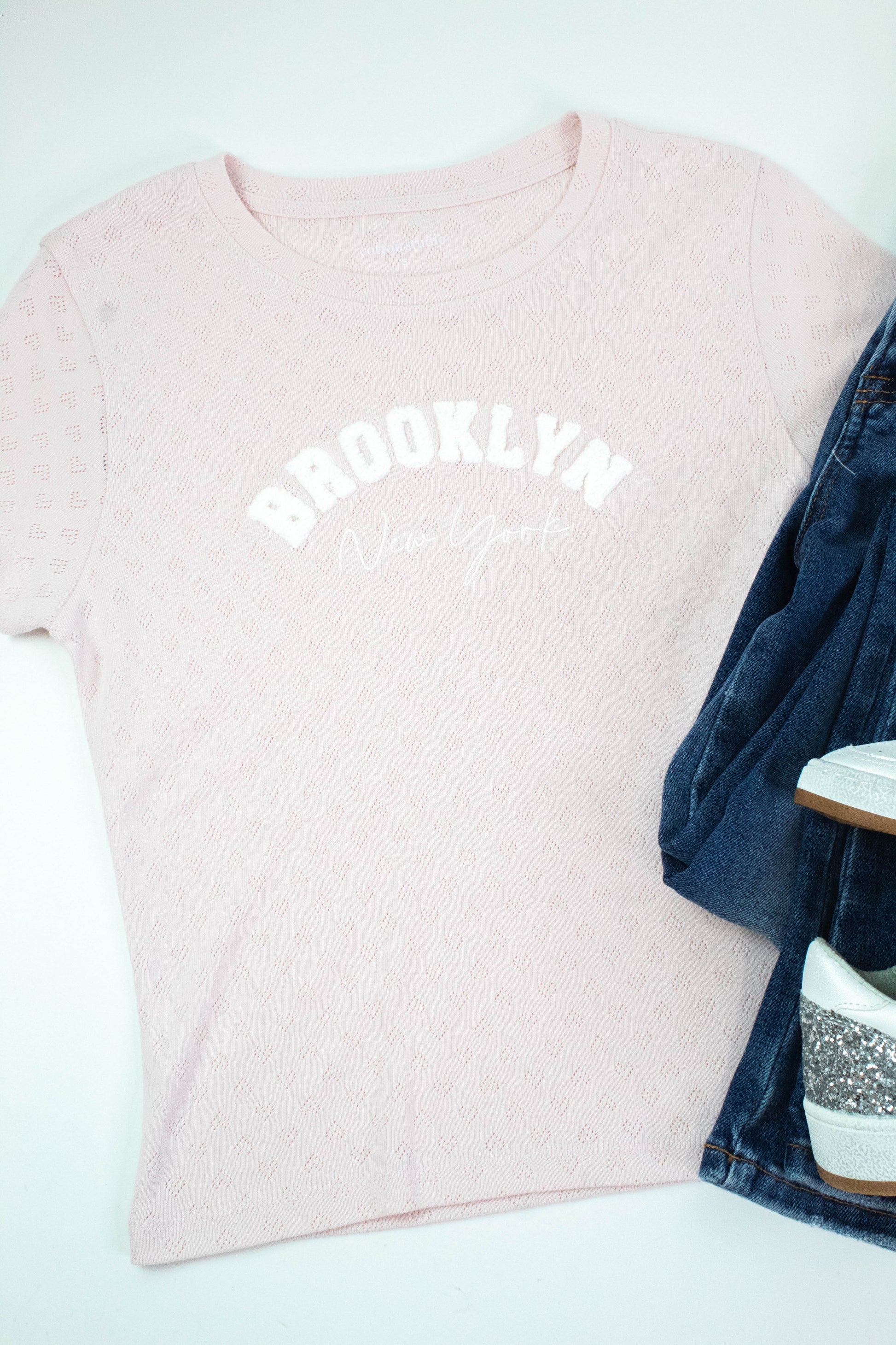  Brooklyn NY Heart Pointelle Baby Tee, Peach Blush