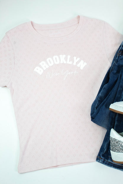 Brooklyn NY Heart Pointelle Baby Tee, Peach Blush