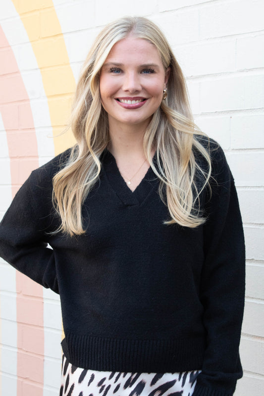  Luna Collared V-Neck Sweater, Black