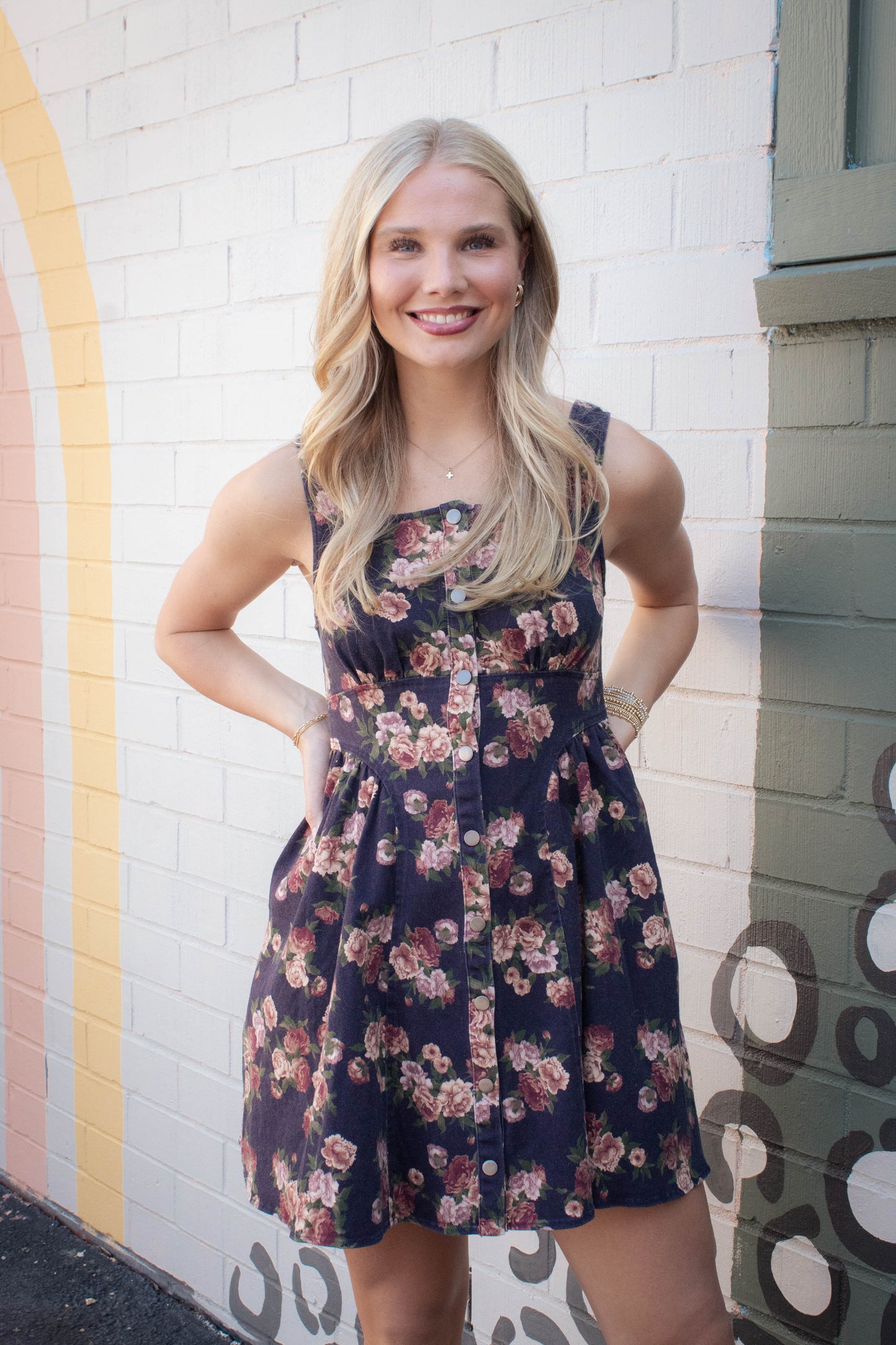  Opal Stone Washed Floral Denim Dress, Navy