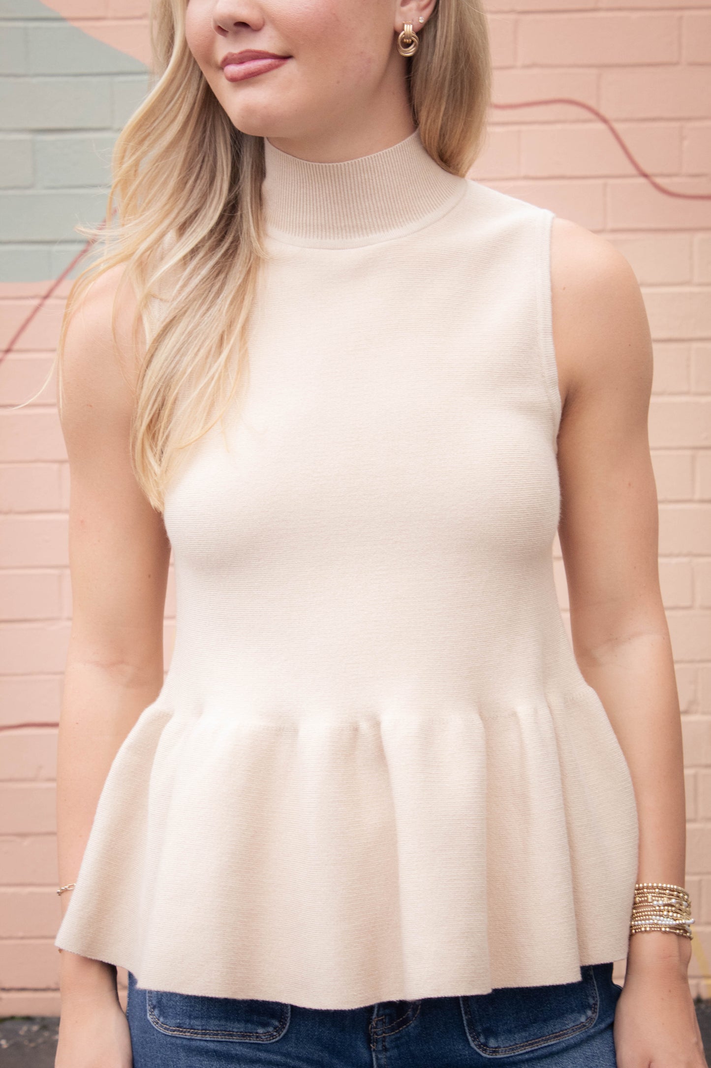  Emmaline Peplum Sweater Tank, Latte