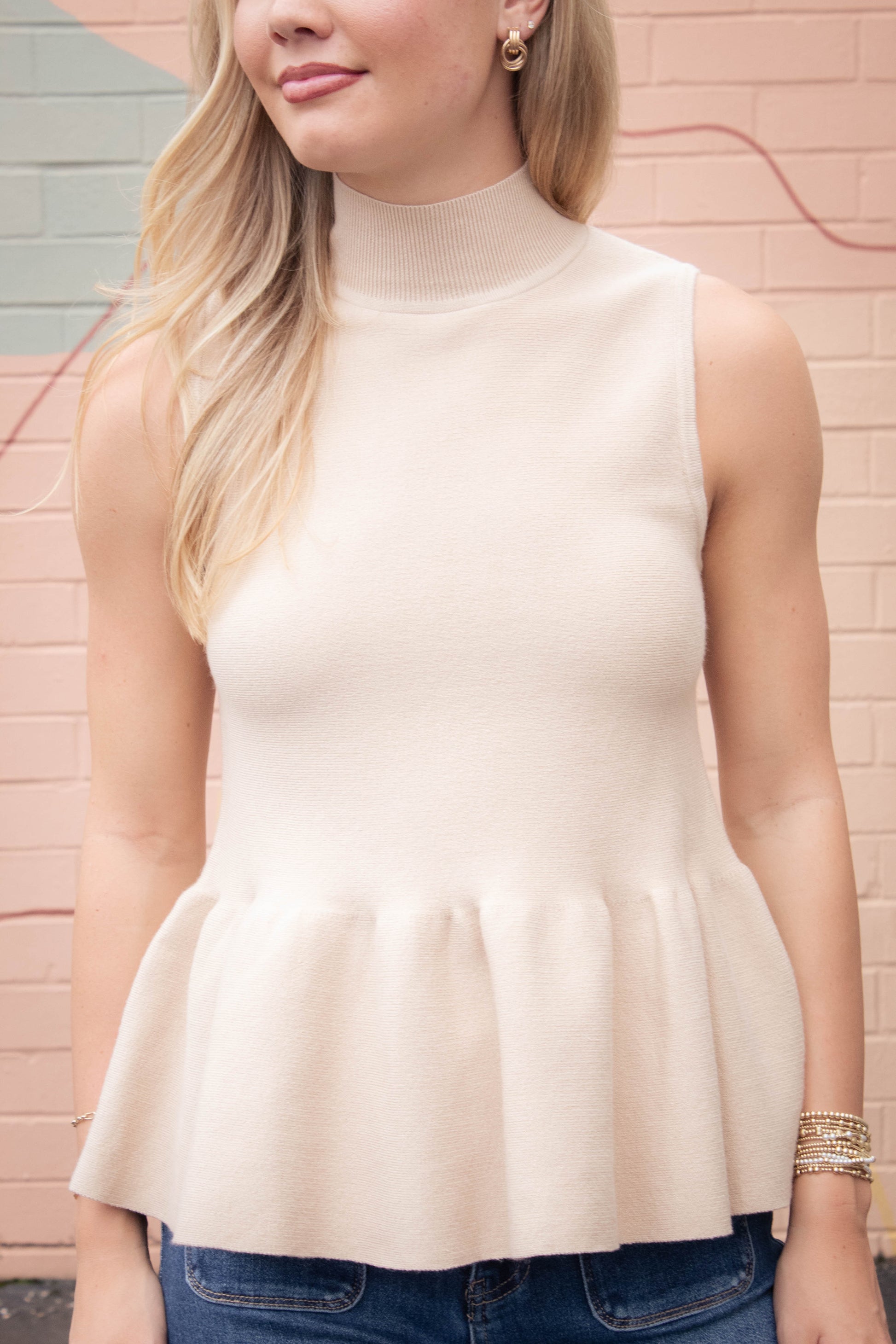  Emmaline Peplum Sweater Tank, Latte