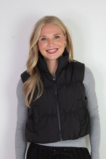  Martha Zip Up Cropped Puffer Vest, Black