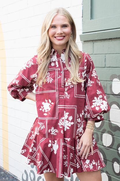  Charlie Printed Collared Mini Dress, Red Brown