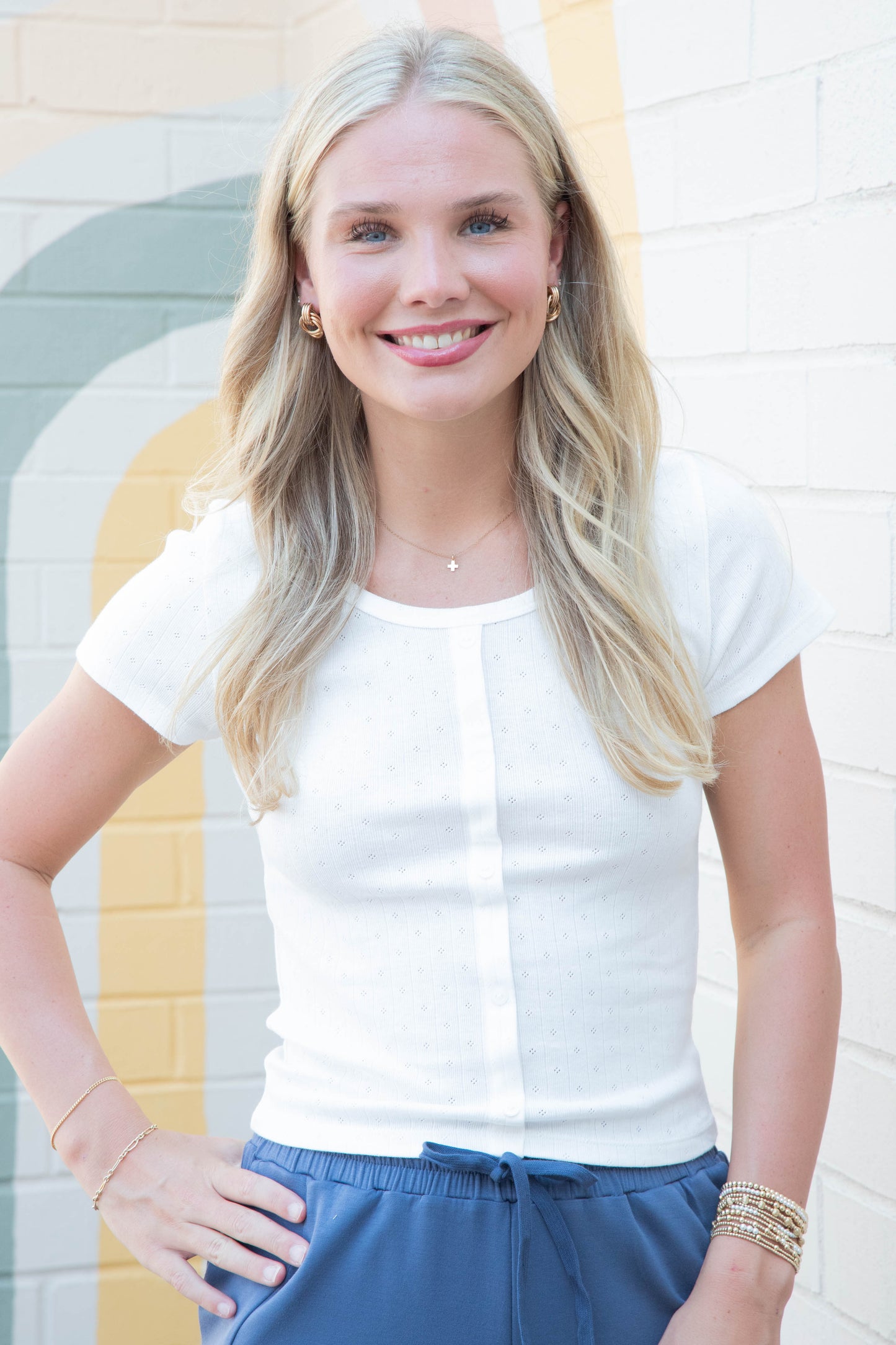  Georgia Faux Button Pointelle Top, Off White