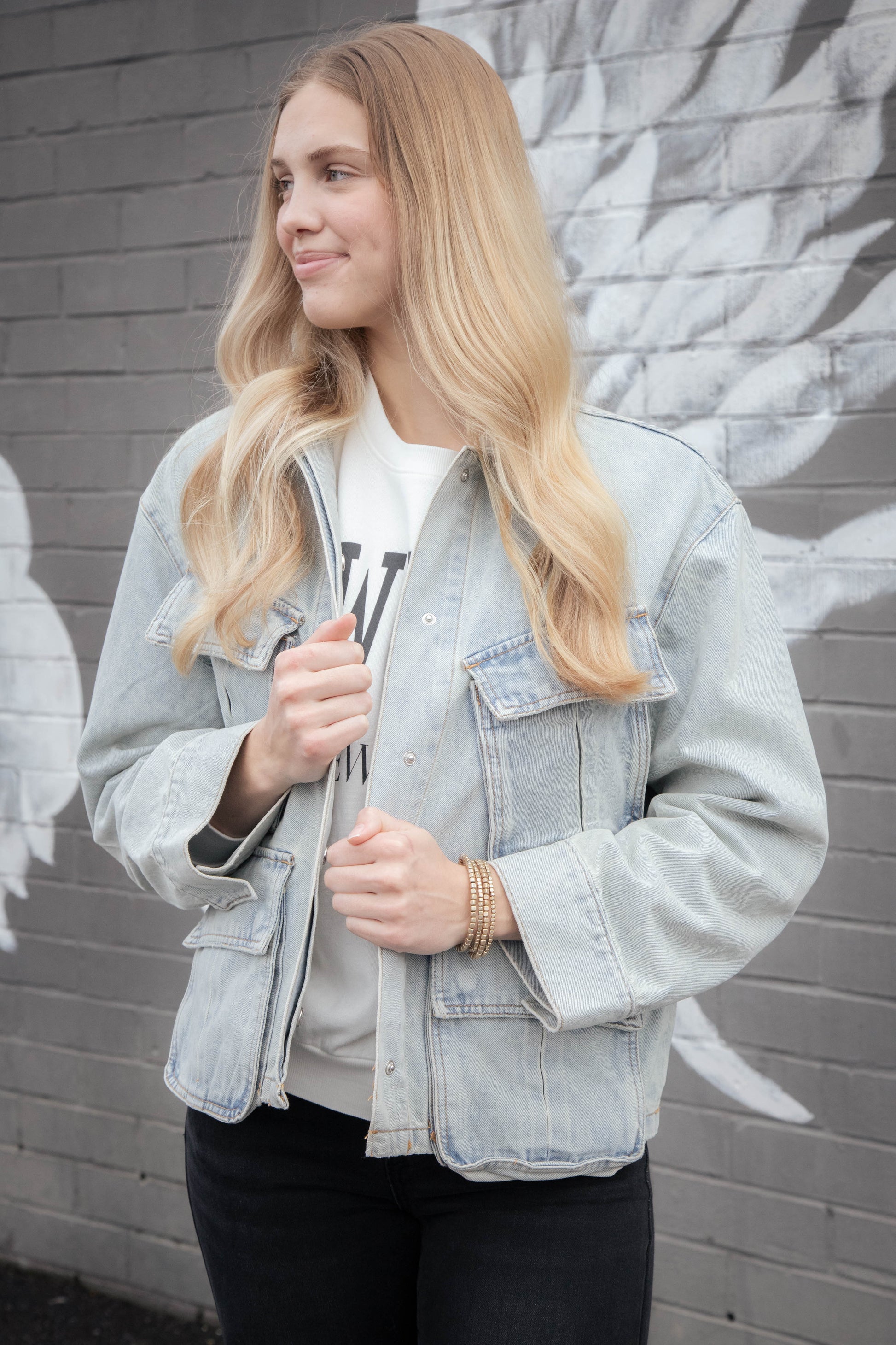  Kimora Multi Pocket Denim Jacket, Light Wash