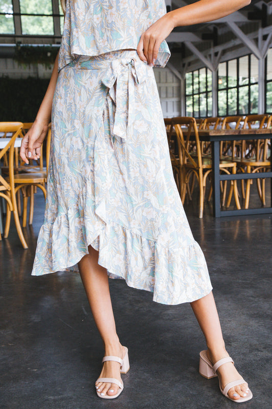  Camille Floral Wrap Midi Skirt, Light Blue/Pink