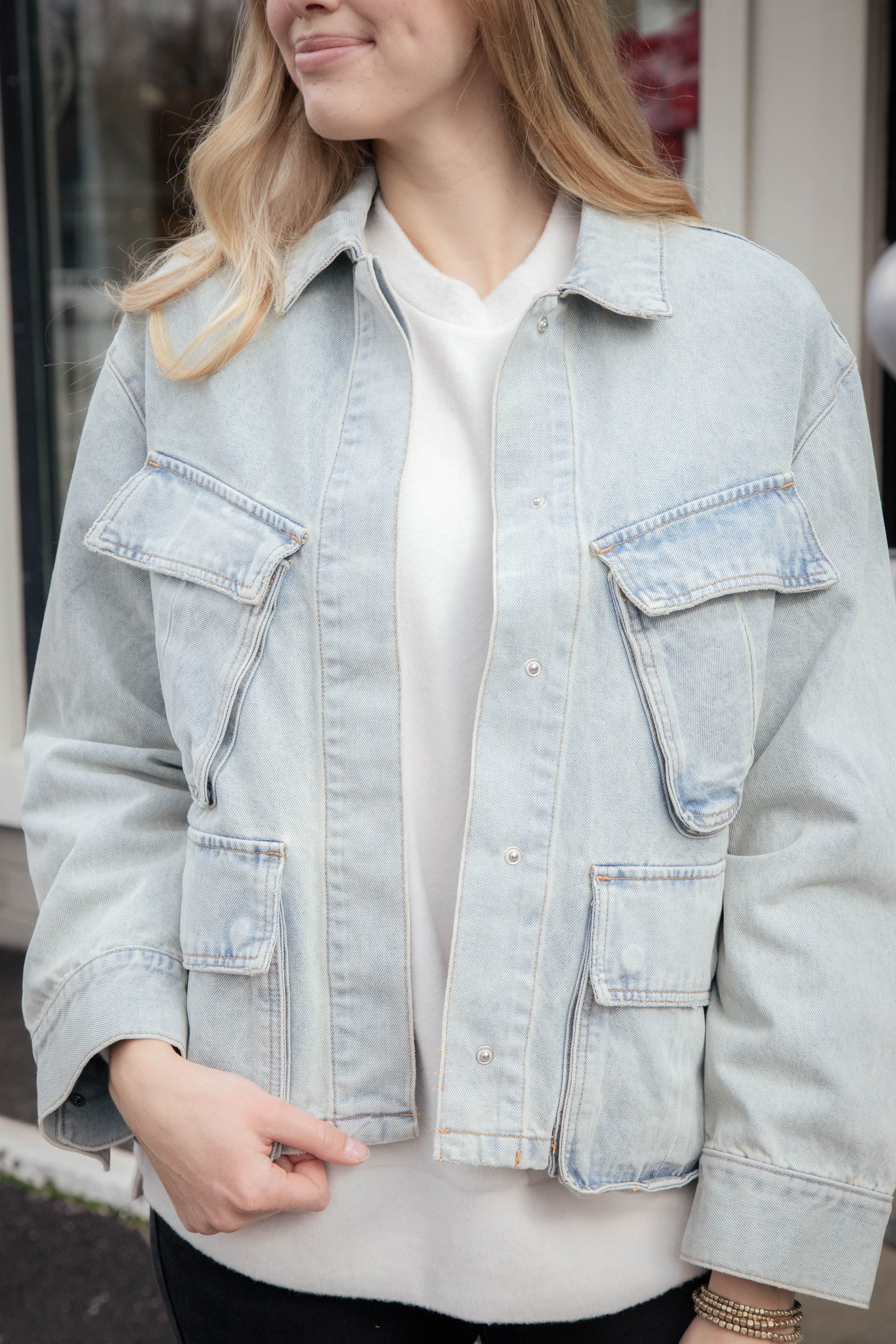  Kimora Multi Pocket Denim Jacket, Light Wash