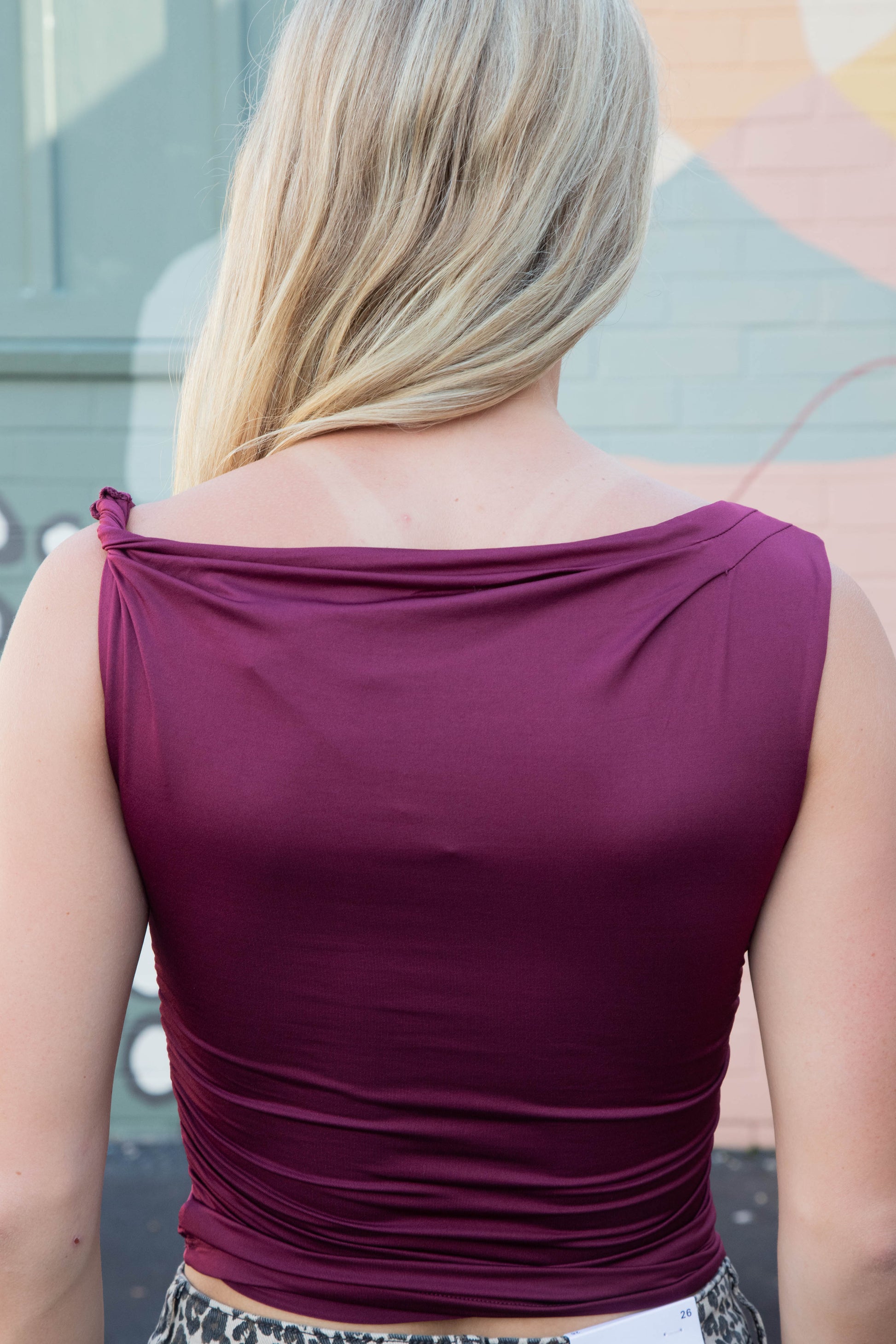  Delia Asymmetrical Off Shoulder Top, Burgundy