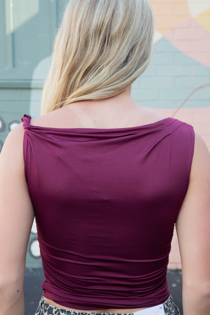 Delia Asymmetrical Off Shoulder Top, Burgundy
