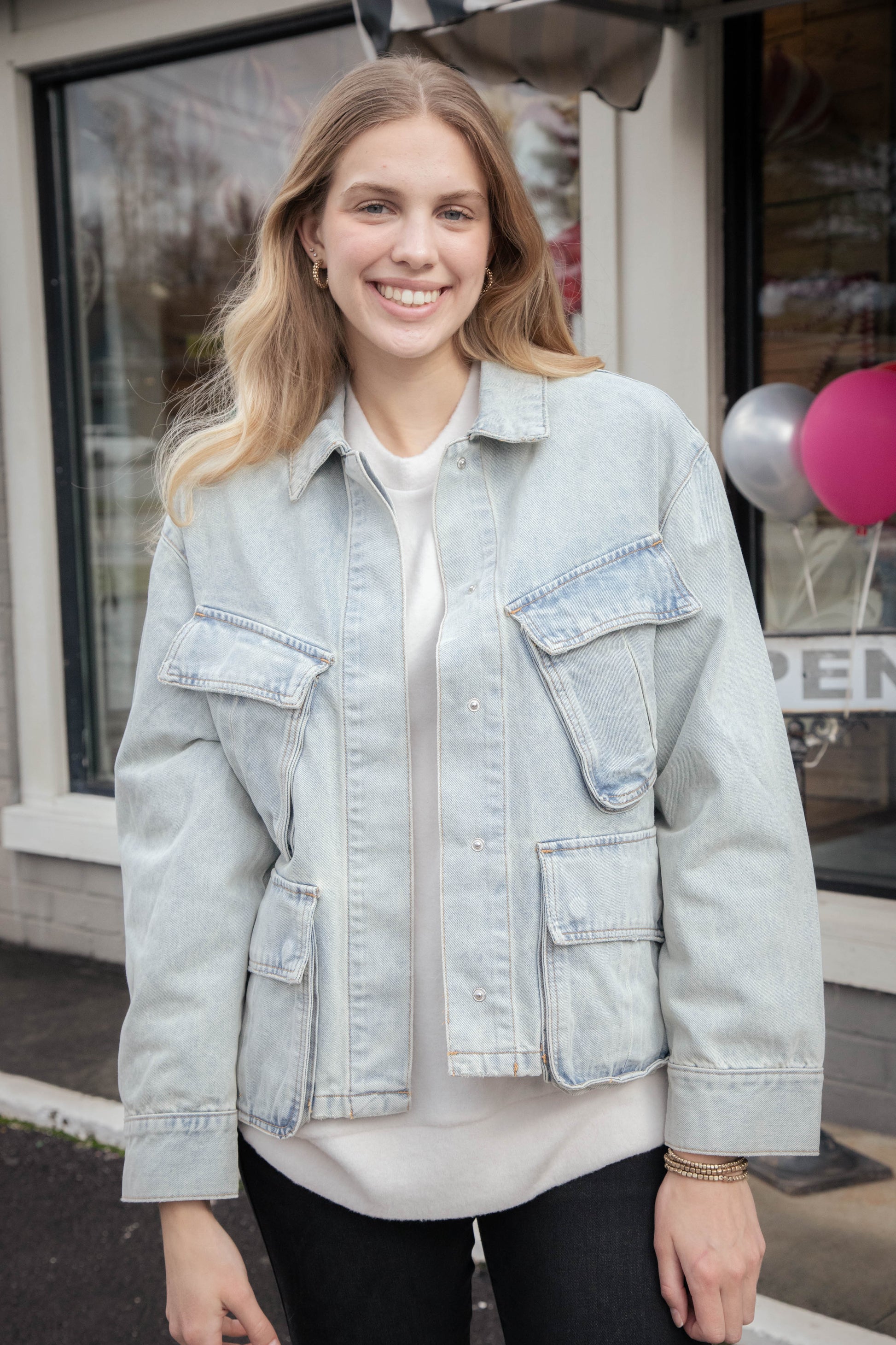  Kimora Multi Pocket Denim Jacket, Light Wash