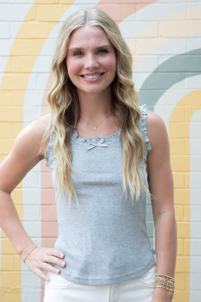  Jazmin Ruffle Trim Scoop Neck Tank, Heather Gray