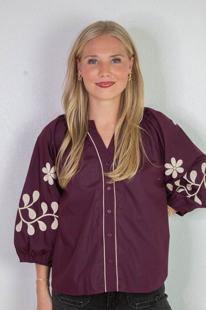  Amira Embroidered Sleeve Buttoned Blouse, Merlot