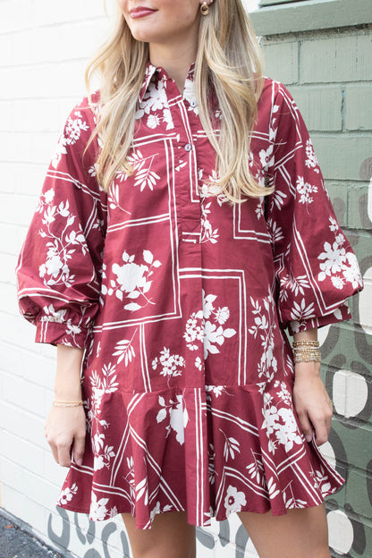  Charlie Printed Collared Mini Dress, Red Brown