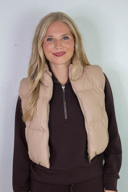  Sofia Cropped Puff Vest, Dark Taupe