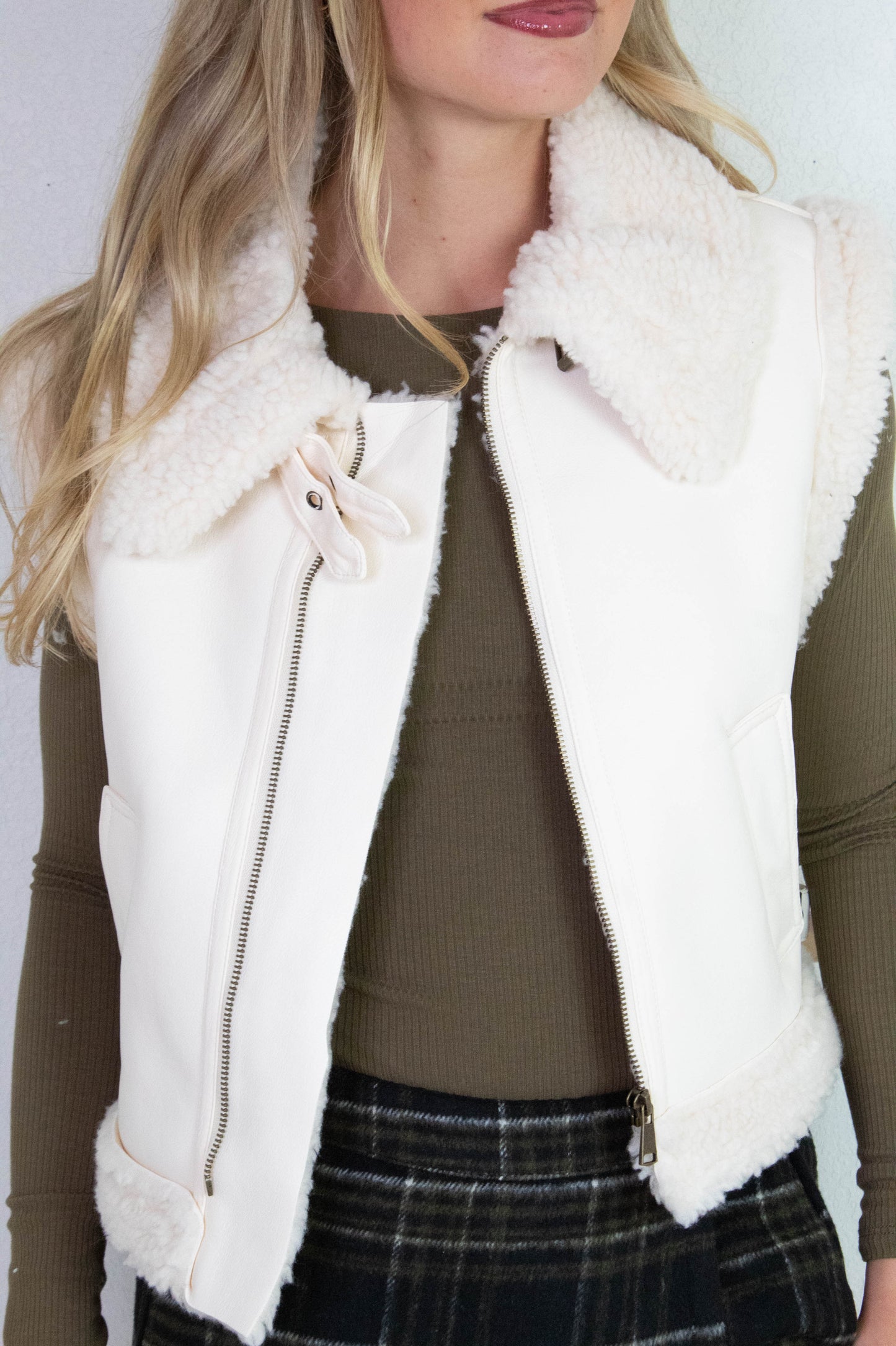  Claire Faux Leather Sherpa Lined Vest, Ivory