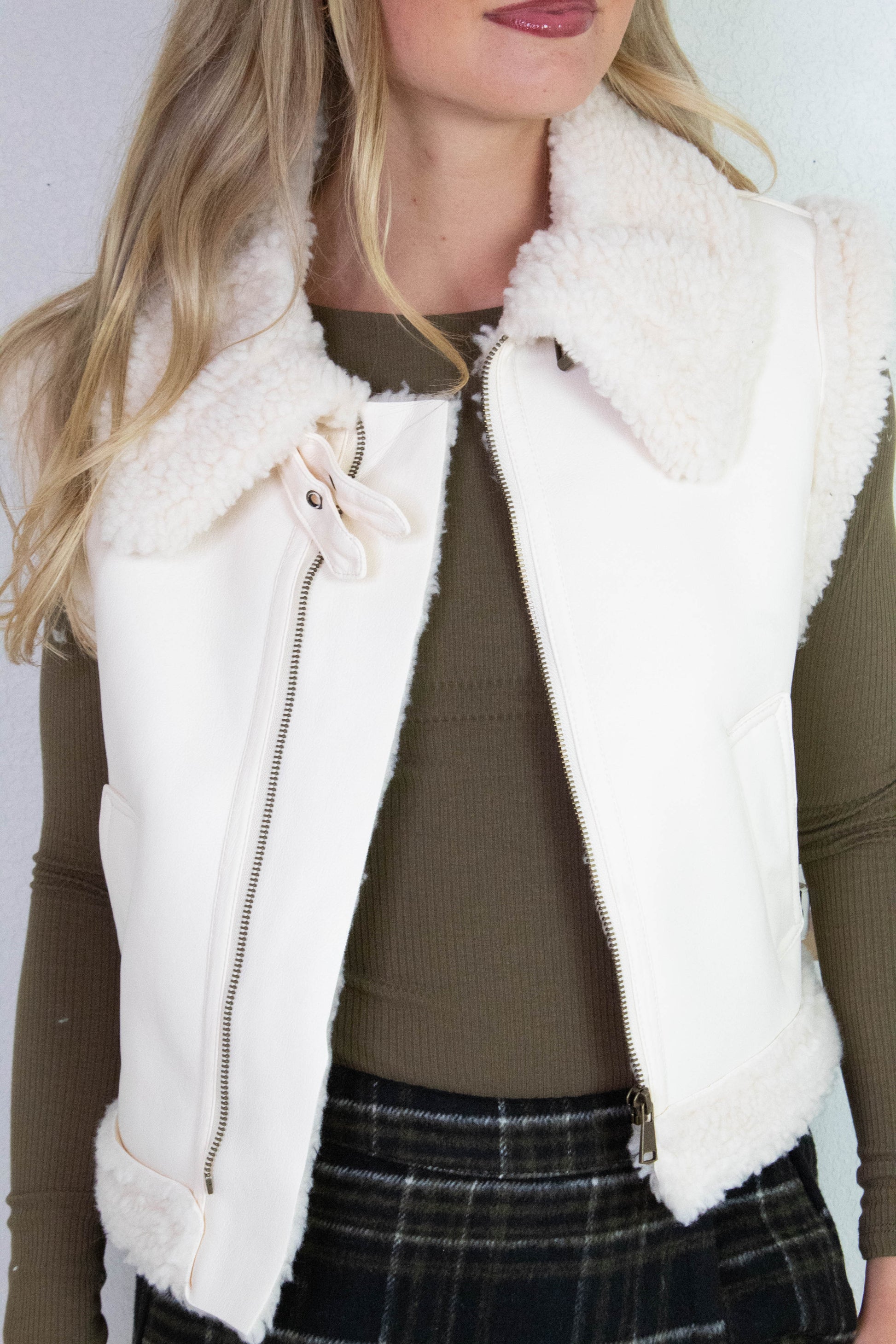  Claire Faux Leather Sherpa Lined Vest, Ivory