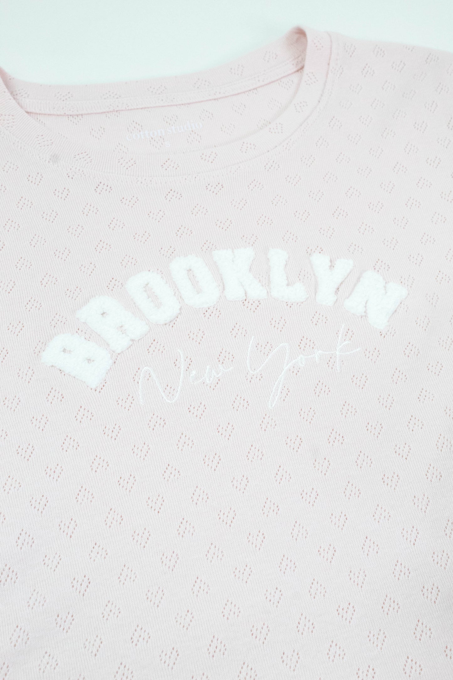  Brooklyn NY Heart Pointelle Baby Tee, Peach Blush