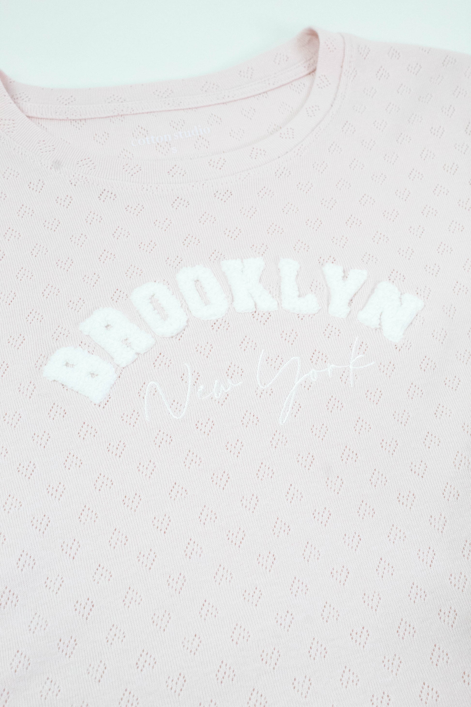  Brooklyn NY Heart Pointelle Baby Tee, Peach Blush