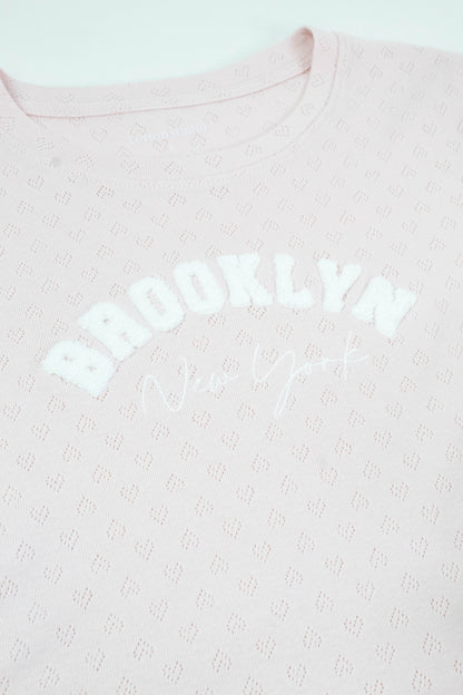  Brooklyn NY Heart Pointelle Baby Tee, Peach Blush