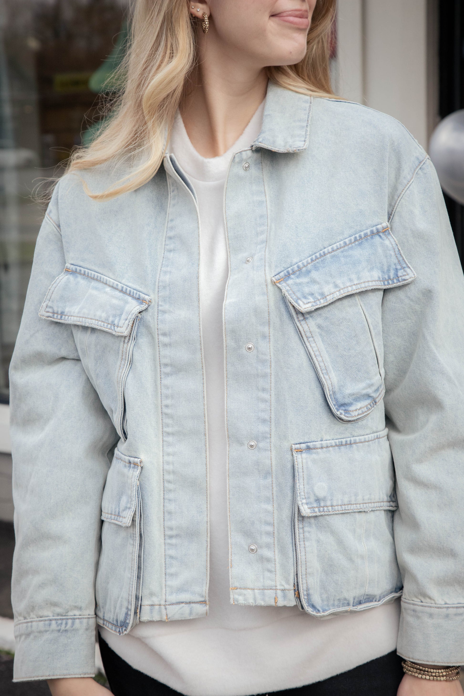  Kimora Multi Pocket Denim Jacket, Light Wash