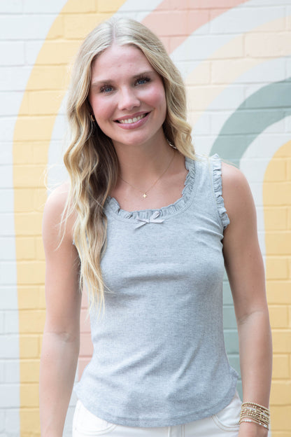  Jazmin Ruffle Trim Scoop Neck Tank, Heather Gray