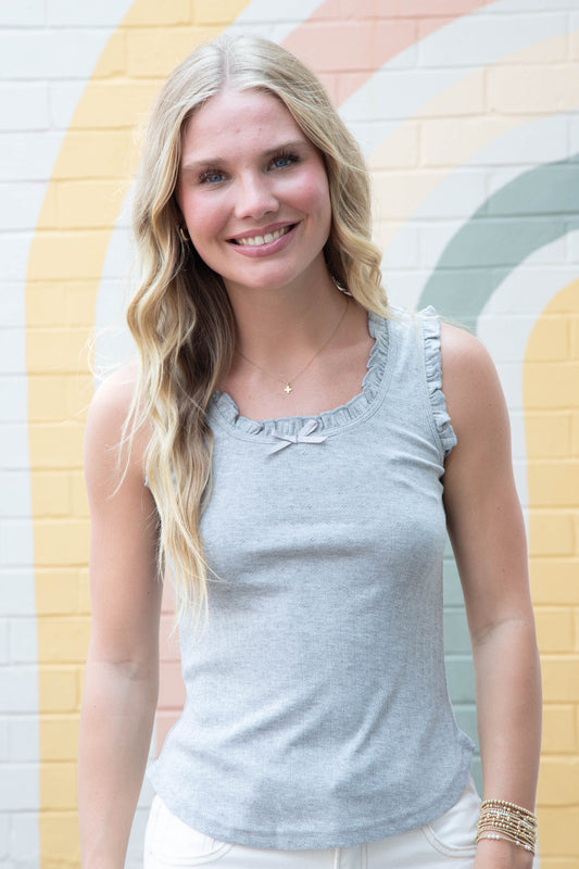  Jazmin Ruffle Trim Scoop Neck Tank, Heather Gray