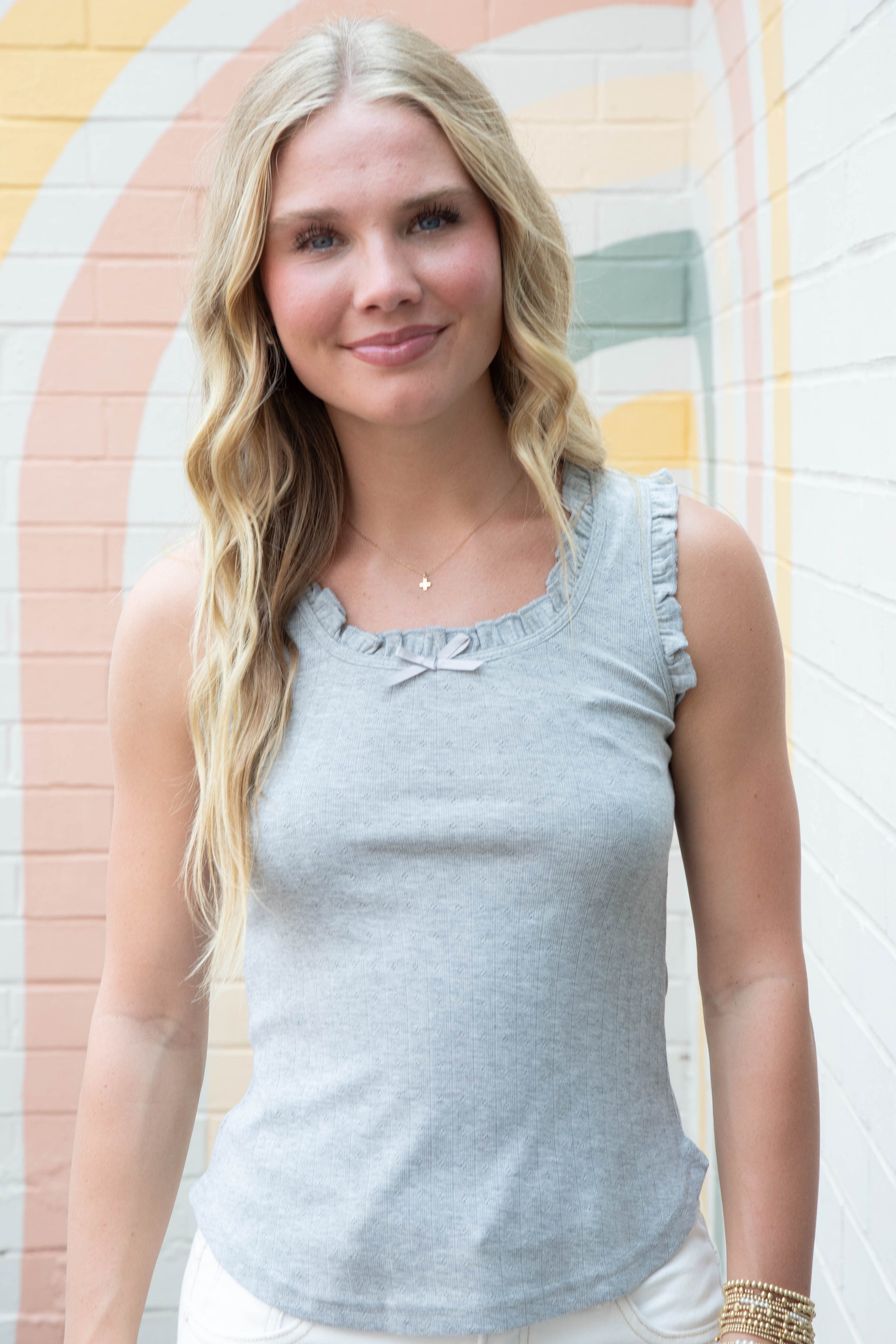  Jazmin Ruffle Trim Scoop Neck Tank, Heather Gray