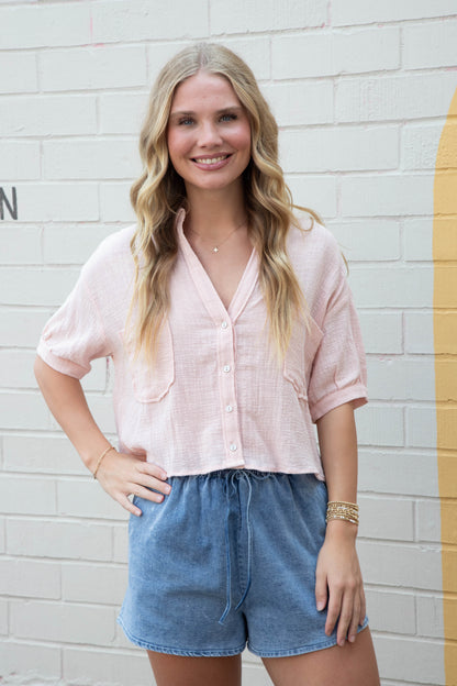  Janelle Cotton Gauze Crop Shirt, Light Pink