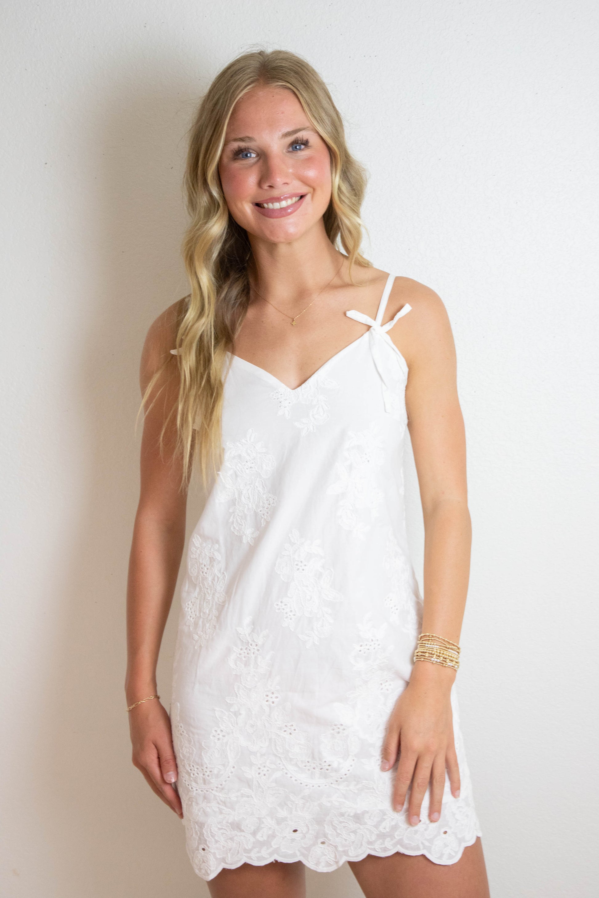  Blaire Floral Embroidered Mini Dress, White Floral