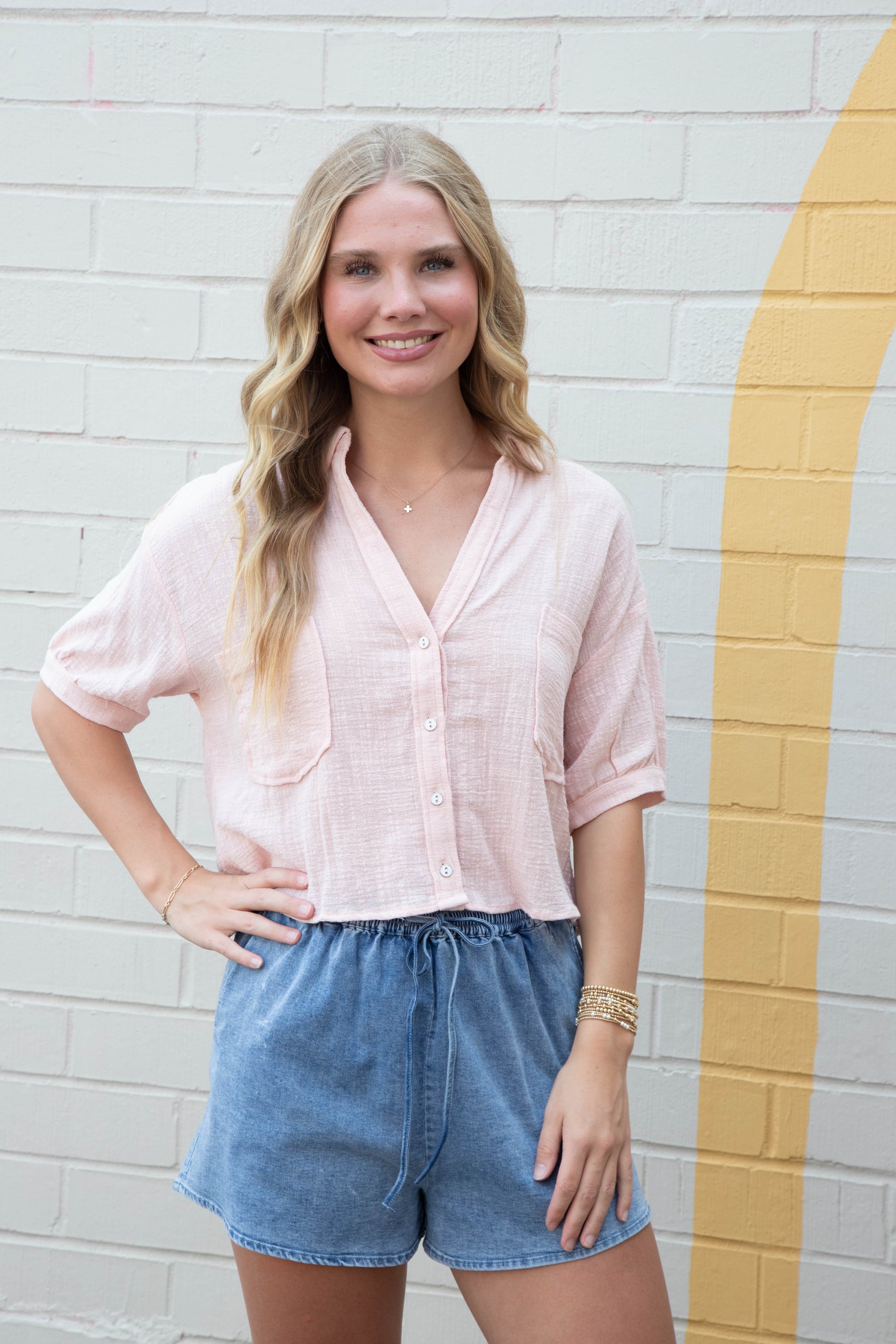  Janelle Cotton Gauze Crop Shirt, Light Pink