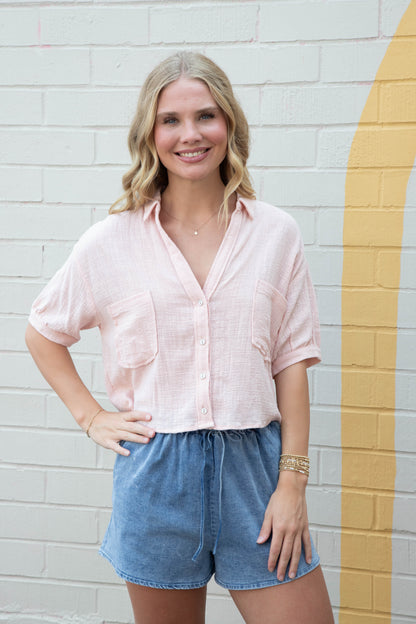  Janelle Cotton Gauze Crop Shirt, Light Pink
