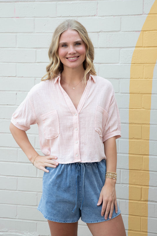  Janelle Cotton Gauze Crop Shirt, Light Pink
