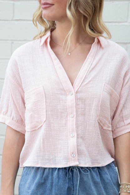  Janelle Cotton Gauze Crop Shirt, Light Pink