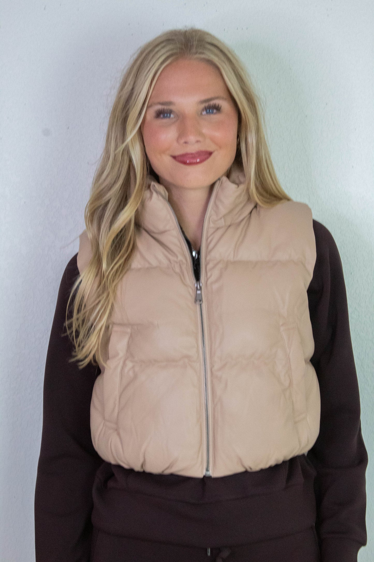  Sofia Cropped Puff Vest, Dark Taupe