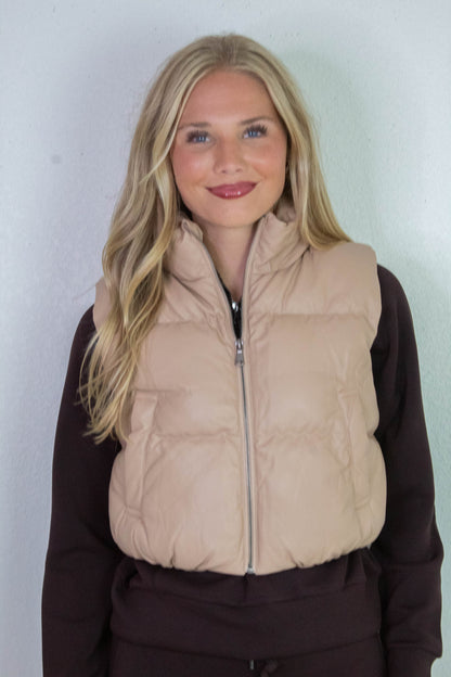  Sofia Cropped Puff Vest, Dark Taupe